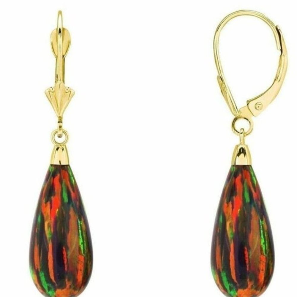 14k Solid Gold Teardrop Shape Dangle Opal Leverba… - image 7